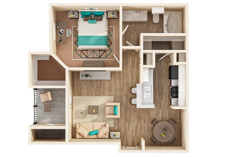 Floor plan for 1 bed, 1 bath, 679 sqft